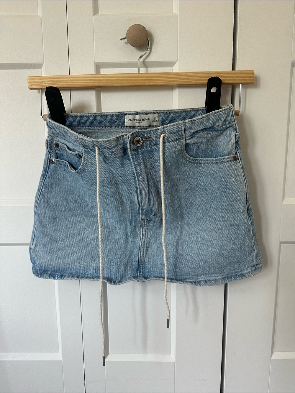 Abercrombie & Fitch Faded Light Blue Denim Mini Skirt with Drawstring
